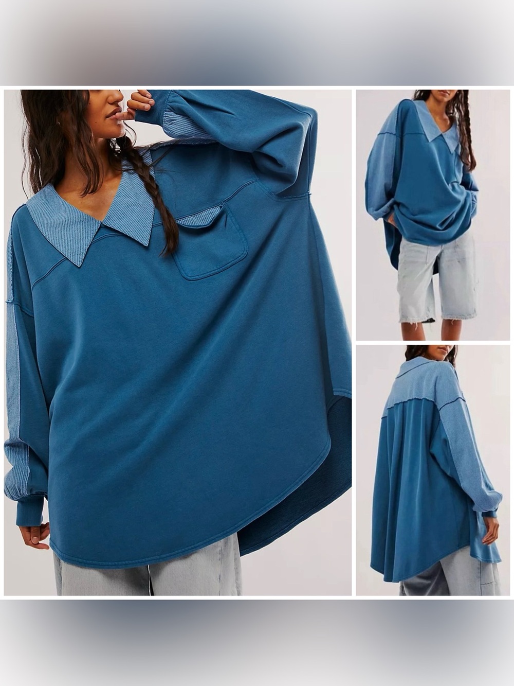 NWOT Free People Madeleine Sweatshirt - Moroccan Blue combo - Small